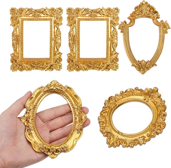 VILLCASE Mini Gold Picture Frames 5Pcs Reinforced Lightweight Resin, 2x3 Display, Old-Money Aesthetic for Fridge Magnets, Wedding Place Cards, DIY Crafts