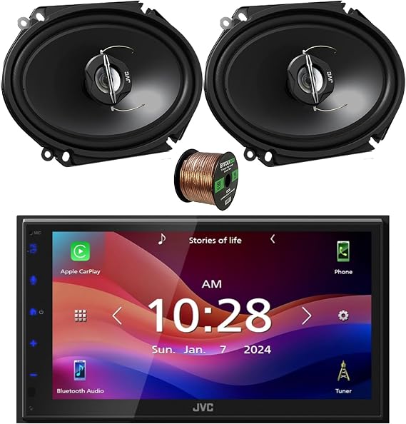 JVC KW-M695BW Single-DIN 6.8" Touchscreen WiFi Bluetooth AM/FM Digital Media Receiver, 2X 6x8 250 Watt Max Power 2-Way Car Audio Speakers with Wire