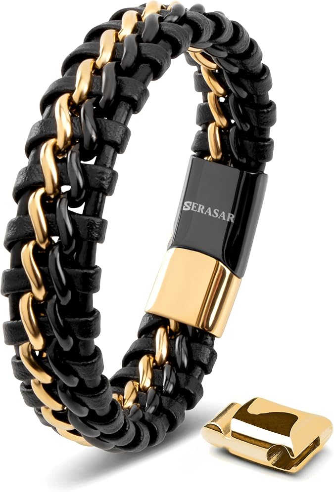 SERASAR Men's Genuine Leather Bracelet [Steel], Black, Magnetic Clasp