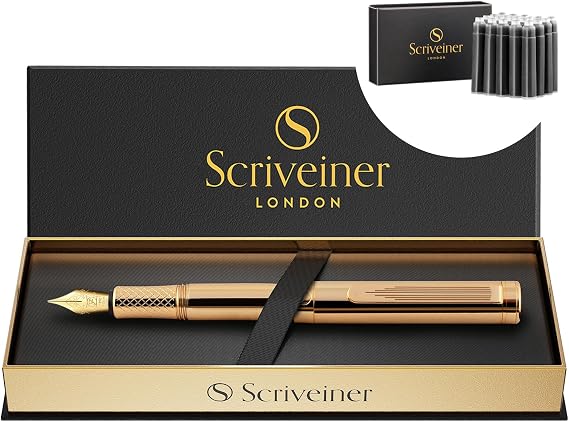 Scriveiner Gold Luxury Fountain Pen (Fine) - Award Winning - Heavy Pocket Pen, 22K Gold, Bundle with Fountain Pen Ink Cartridges - Black - 20 Standard International Made in UK
