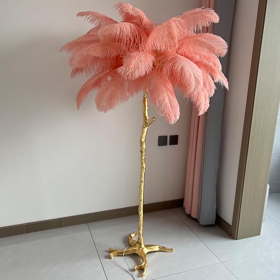 Natural Ostrich Feather Floor Lamp,Feather Lamps for Bedrooms and Living Room with Foot Switch Dimmable,Resin Feather Standing Lamp H:170cm (Pink)