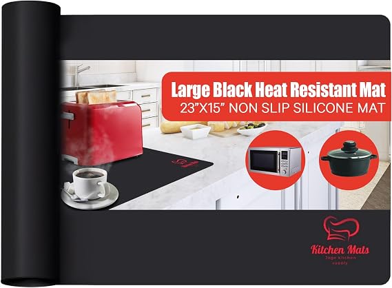 Large Black Heat Resistant Mat For Kitchen Countertop, 23x15, Protect Counter Top From Air Fryer, Microwave, And Toaster, Silicone Heat Resistant Mat, Hot Pad For Countertops (Black)