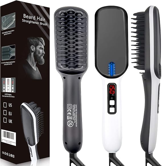 Electric Beard Straightener Brush for Men, Ionic Anti-Scald Beard Straightening Comb with LED Display, Adjustable Temperatures Control, Portable Frizz-Free Beard Hot Comb for Home & Travel