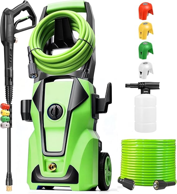 Electric Pressure Washer 5000PSI Adjustable Max 4.0GPM with 33FT Flexible Extension Hose, 4 Nozzles, Foam Cannon, Power Washer Powered for Cars, Patios, Driveways, Light Green