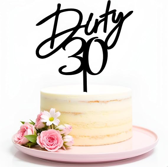 Sleyberoy Dirty 30 Cake Topper, Black Mirror Acrylic Cursive 30th Cake Pick