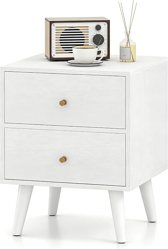 COSTWAY Bedside Table with 2 Drawers, Modern Wooden Nightstand End Sofa Side Table, Accent Bedside Cabinet Drawers Chest Storage Unit for Small Spaces, Living Room and Bedroom, 39x39x49cm (1, White)