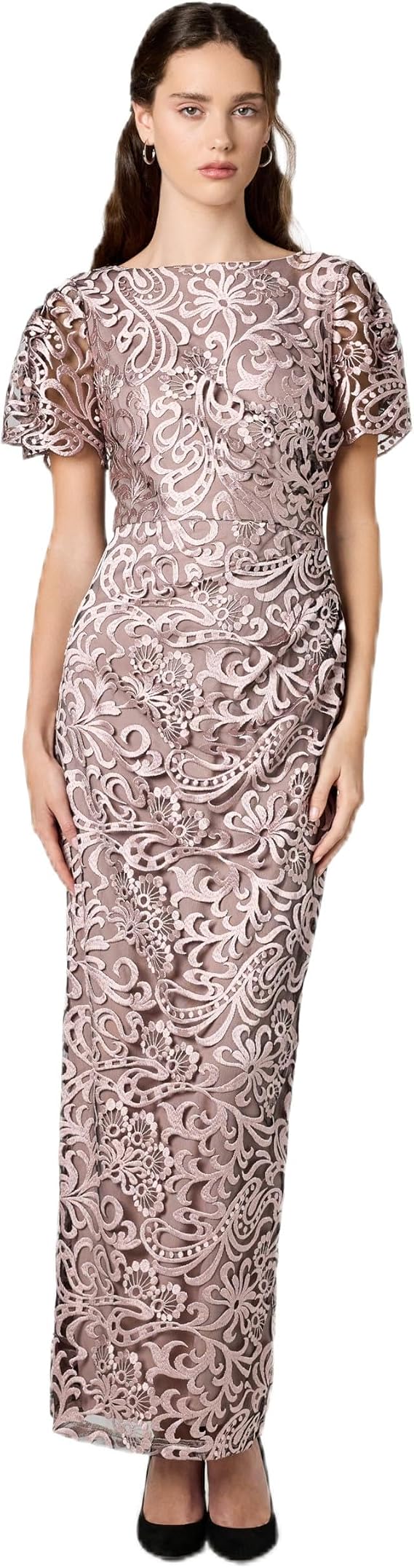 JS Collections Women's Embroidered Mesh Flutter Gown