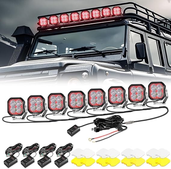 Auxbeam Color Play Series 8 PCS 3 Inch RGBW Off Road Light with Wiring Harness Kit, 7 Color Backlight Gradient Cycle, 3 Inch Driving Spot Lights for Jeep Truck with White & Amber Covers