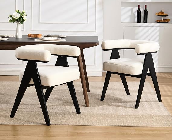 CIMOTA Set of 2 Mid-Century Modern Barrel Dining Chairs with Arms, Fabric Upholstered Kitchen & Dining Room Chairs with Black Wood Legs Contemporary Armchairs Accent Side Chairs, Cream White