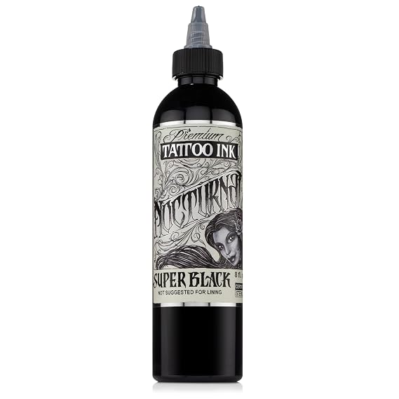 Nocturnal Tattoo Ink Super Black, Professional Tattoo Ink for Lining and Shading, Made in USA, Blended with Pigments, 8oz Bottle