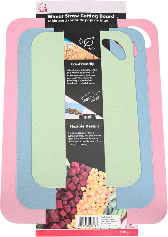 Chef Craft Eco-Friendly Wheat Straw Cutting Board with Durable Plastic Backing, 3-Piece Flexible Cutting Board Set (Pink, Blue, Green)