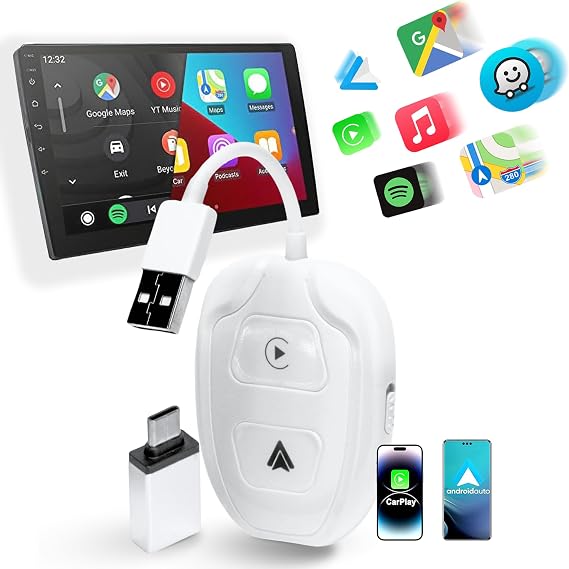 Wireless Carplay & Android Auto Adapter 2 in 1 Auto CarPlay & Android Auto Wireless 2024 Upgrade Dongle for Converts Wired to Wireless Compatibility Auto for Cars Model 2016+ Plug & Play, White