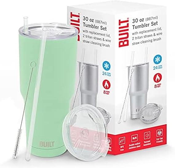 BUILT Double Walled Stainless Steel Tumbler Set with Replacement Lid, 2 Reusable Tritan Wire Straw Cleaning Brush in Gift Box, 30-ounces, Ash Green