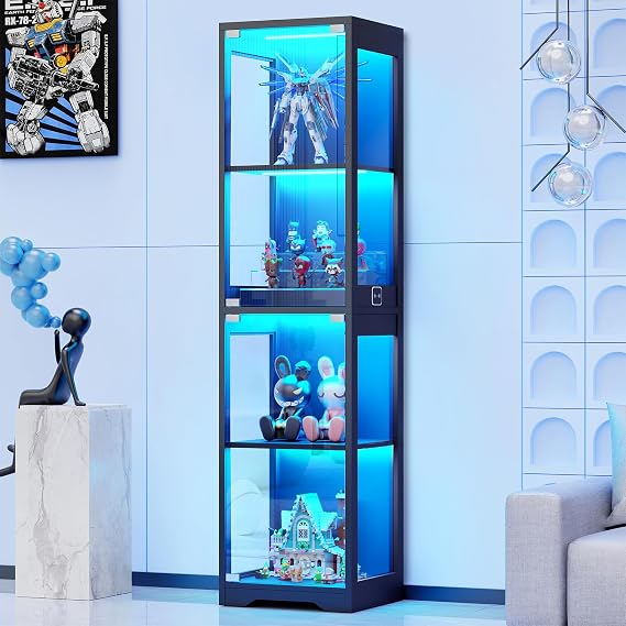 BROTTAR Display Cabinets with Glass Doors & 3 Color LED Lights,4 Tier,Black | Glass Display Cabinet with Human Body Sensor,Display Case Bookcase for Living Room,Bedroom,Playroom,Dining Room