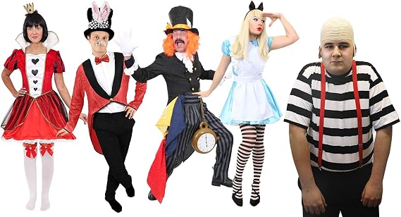 Tweedledee/tweedledum Costume For Adults. Mens Alice’s Wonderland Tweedle Dee And Tweedle Dum Twins Fancy Dress Costume. Black & White Striped T-shirt + Red Braces + Bald Cap. Size: Xx-large