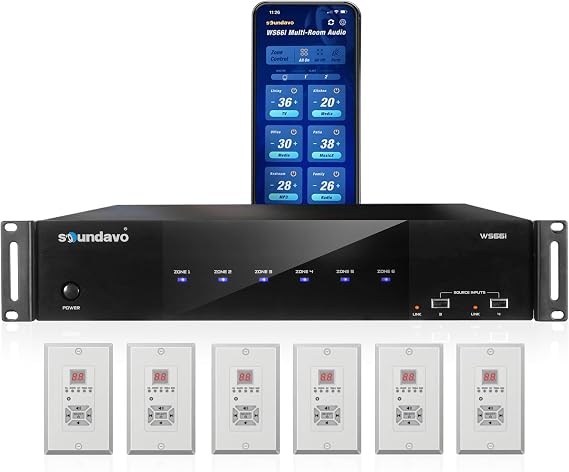 WS66i 6 Zone Amplifier with Wall Keypads 100W per Zone Whole House Audio System, 6 Source x 6 Zone App & in-Wall Keypad Controlled Multi-Room Amplifier, AirPlay, Spotify Connect