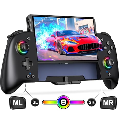 Gammeefy Switch Controller Hall Effect Joysticks & Enhanced Grip One Piece Switch Joypad Replacement Switch Pro Controller with 8-Color RGB Lighting, Turbo, Macros - Black, 6.2"/7"