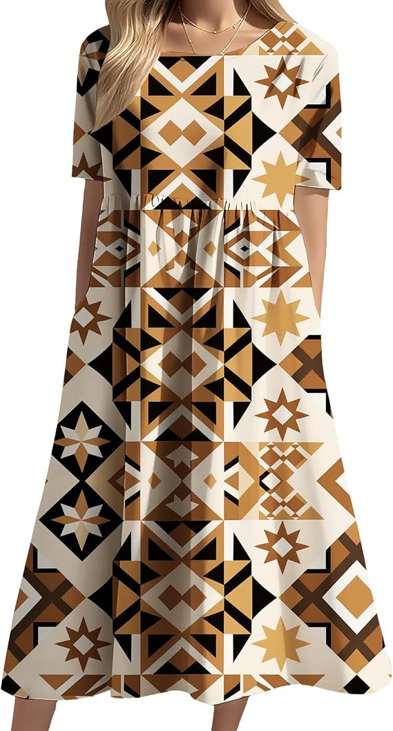 Women's Boho Geometric Graphic Midi Dress Summer Fashion Short Sleeve Crewneck A-Line Dress Loose Flowy Casual
