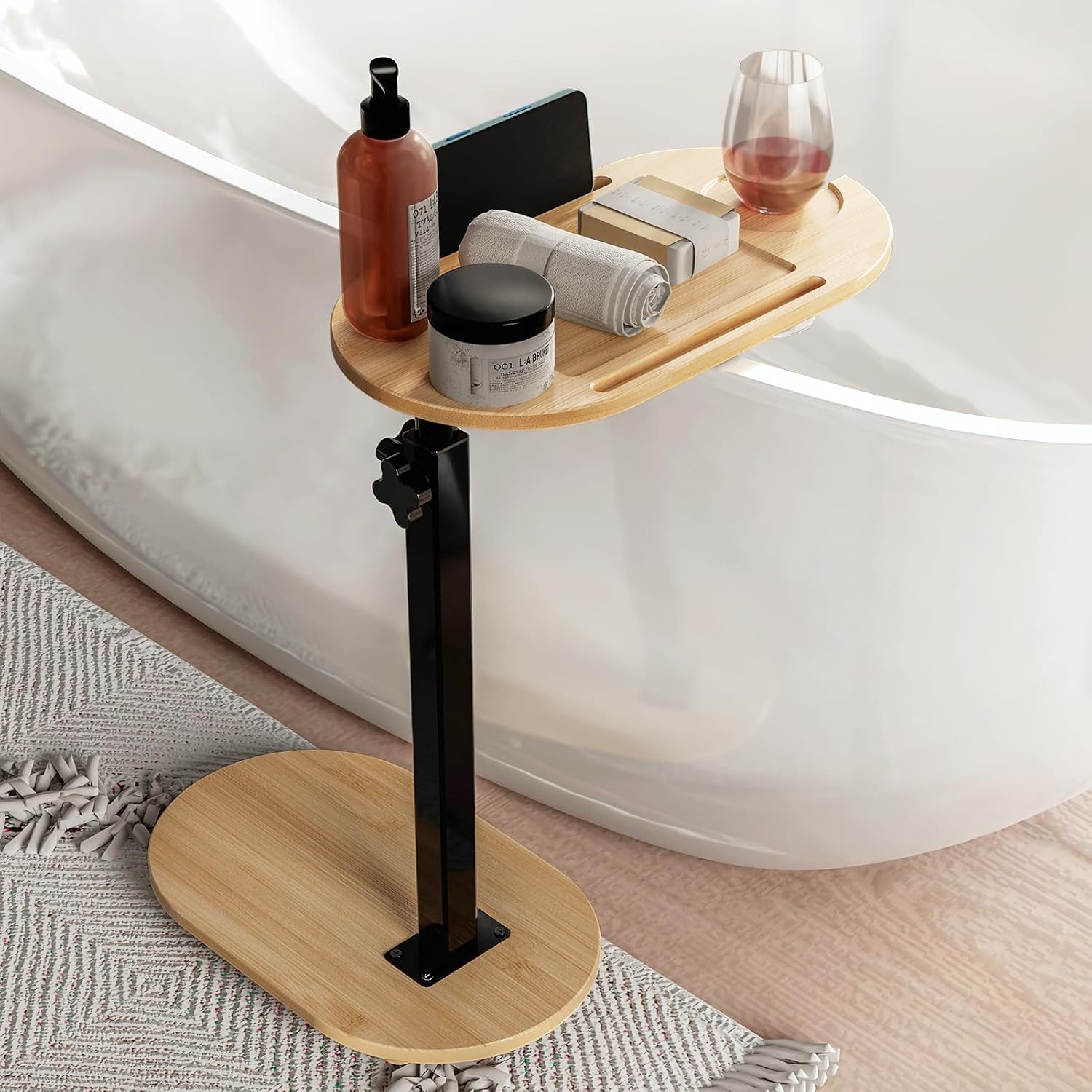 Yumkfoi Bamboo Bathtub Tray Table with Adjustable Height, Freestanding Bath Caddy Tray for Tub Against Wall, Bathtub Side Table for Luxury Bath Home Spa and Gift Choice - Patent Protected Natural