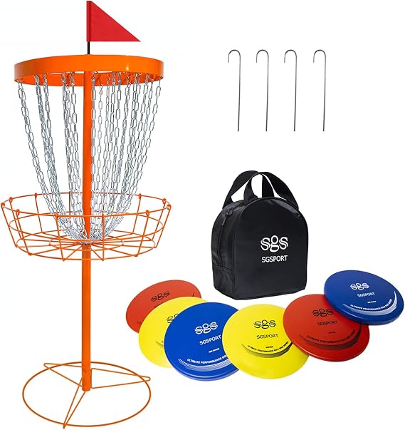 SGSPORT Disc Golf Basket with Disc | Portable Disc Golf Target Heavy Duty with 24 Chain Disc Golf Course Basket with 6 Piece Disc Golf Disc with Carry Bag