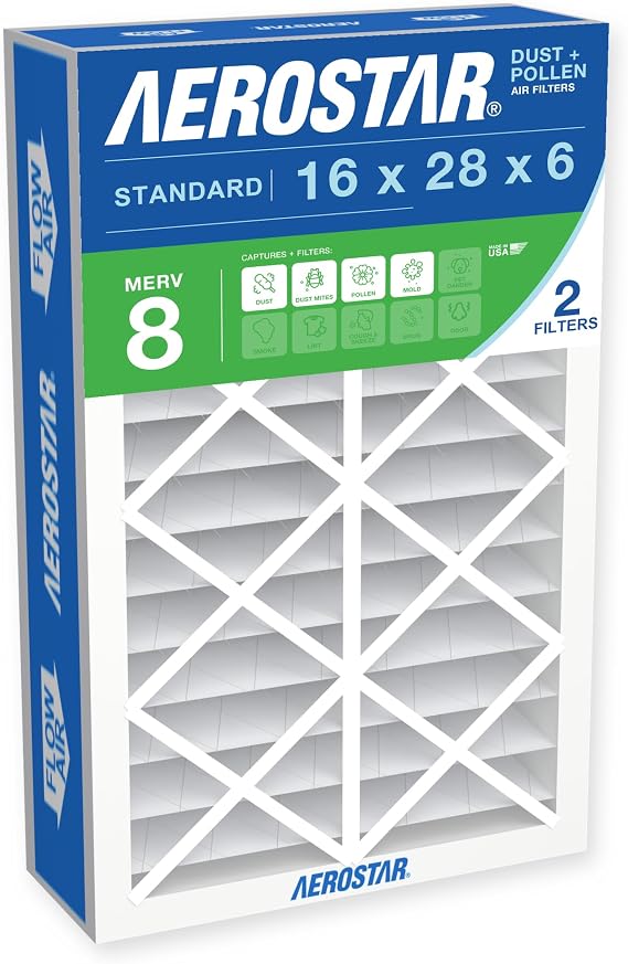 Aerostar Air Filter 16x28x6 MERV 8 AC Filter, Furnace Filter, 2 Pack