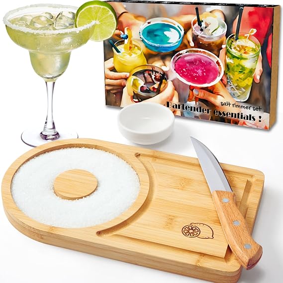 Margarita Salt Rimmer Set 6'', 2-in-1 Salt Rimmer for Cocktails w Cutting Board, Sugar Glass Rimmers for Drinks Bar Accessories - Home Bar Party Cocktail Set Bartender Kit, Margs Gift Christmas