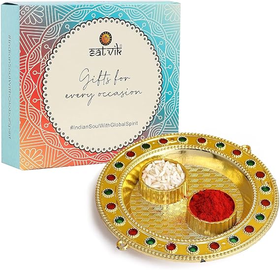 SATVIK 1 Pc Golden Decorative Designer Roli Chawal/Rice Holder, Kumkum Haldi Holder with Lid Rakhi Pooja Kankavati Thali Indian Festival Diwali Pujan Mandir Tika Roli Plate Housewarming Gifts Items