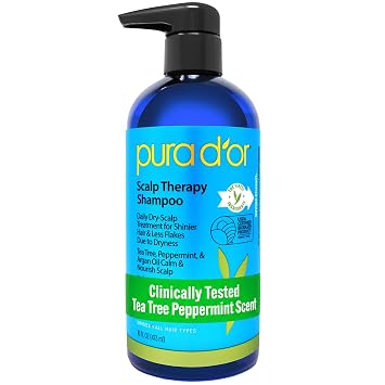 PURA D'OR Scalp Therapy Shampoo Hydrates & Nourishes Scalp - Scalp Shampoo For Itchy Flaky Scalp w/Tea Tree, Peppermint, Patchouli, Cedarwood, Clary Sage, Argan Oil, Tea Tree Peppermint Scent 16 Oz