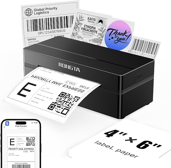Rongta Bluetooth Shipping Label Printer, Wireless 4x6 Thermal Label Printer for Shipping Packages, Support Phones, Compatible with Windows macOS Android iOS for Small Business