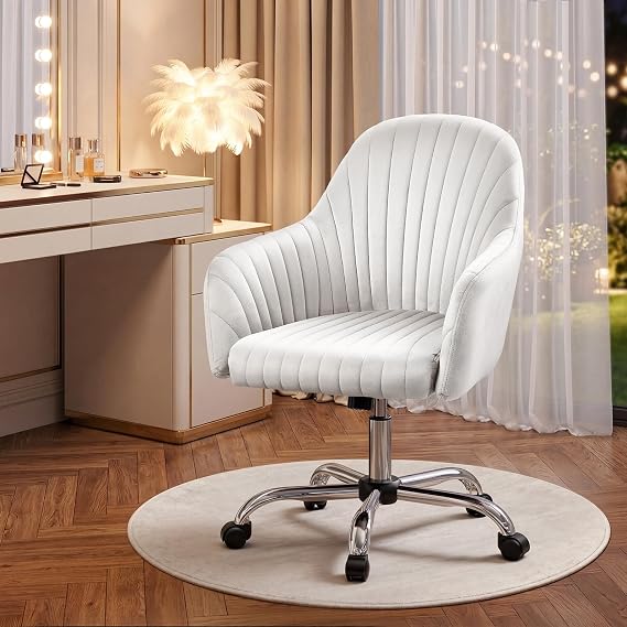 Warmiehomy Office Chair, Velvet Desk Chair for Home Office, Girls' Vanity Chair with Arm Rest for Bedroom Dressing Room, Pure White