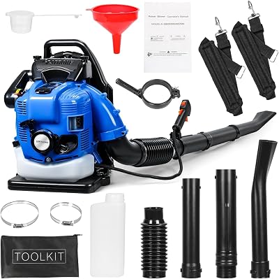 Backpack Gas Powered Leaf Blower, 75.6CC 750CFM 7000RMin Gas Grass Lawn Blower with 4-Stroke Engine, 1.9L Fuel Tank - for Commercial Lawn Care, Yard Debris, Snow Removal, Easy to Operate, Blue