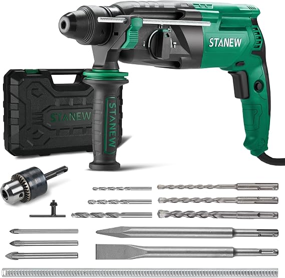 STANEW SDS Plus 950W Wired Hammer Drill 0-1150RPM/5100BPM with 4 Functions and Safety Clutch, 360° Rotating Handle, Variable Speed, Concrete, Steel, Wood