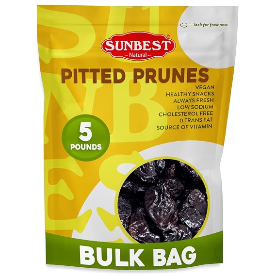 Sunbest Natural Dried Pitted Prunes, 5 lbs Unsweetened Jumbo Dried Plums Juicy, Healthy Snack Rich in Fiber & Potassium for Digestive Health (80oz)
