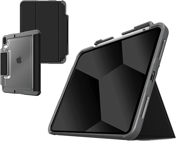 STM Dux Plus for iPad /10th Gen : Ultra Protective, Durable, Lightweight with Clear Back, Apple Pencil Holder, Battery Saving On/Off Cover - Black