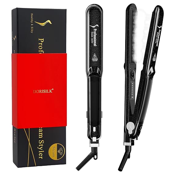 DORISILK 2.0 Upgraded Steam Straighteners for Hair, Professional Salon Ceramic Tourmaline Vapor Steam Flat Iron Hair Straightener and Curler 2 in 1 Straightening Curling Iron, Dual Voltage LED Temp