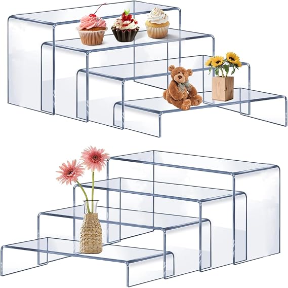 Large Acrylic Risers, 8 Pcs Rectangular Clear Acrylic Display Stand, Display Risers Shelf for Retail Desktop Shoe Showcase Jewelry Decorations, Cupcakes & Dessert Table Display