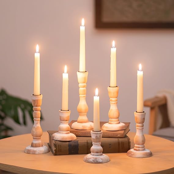 NUPTIO Wooden Taper Candle Holders, Set of 6 White Candlesticks