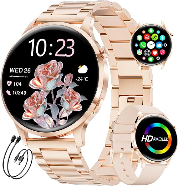 Smart Watch for Women Answer/Make Call, 1.32'' AMOLED HD Always on Display, 110+ Sport Modes Fitness Tracker, Calorie/Sleep/IP68 Waterproof Women Smartwatch for Android iOS, 2 Straps, Rose Gold
