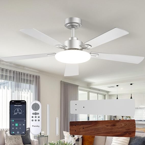 Passky 52 Inch Silver Sleek Ceiling Fans with Lights, Remote Control