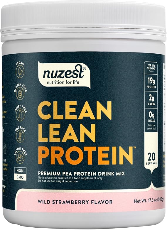 Nuzest Clean Lean Protein - Vegan Pea Protein Powder Wild Strawberry 1.1 lb | 20 Servings with 19g Protein, Sugar & Dairy Free, GMO Free, Only 4 Ingredients, Plant Based, 9 Essential Amino Acids + BCAAs