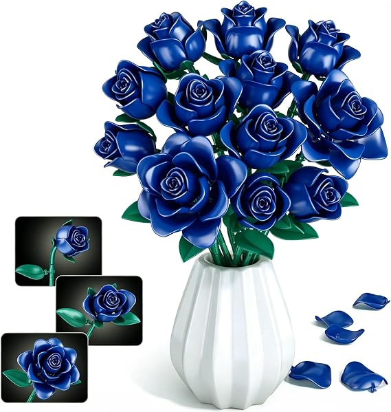 Flowers Bouquet Building Set, 634 PCS Adjustable Leaves & Petals, DIY Artificial Blue Roses Block Kit for Kids Birthday Christmas, Adults Valentine’s Day, Her or Him