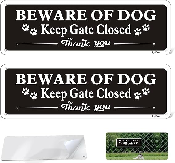2 Pack Beware of Dog Signs, 10x3 inch Keep Gate Closed Sign,Reflective Aluminum Dog Warning Sign for Yard Garden Fence,Rustproof Weatherproof with Pre-Drilled Holes & Self-Adhesive