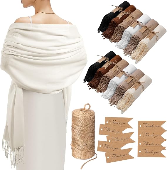 Cutecrop 12 Sets Wedding Wraps Bridesmaids Gifts Tags Twine | Fringed Pashmina for Bridal Party Favors, 6 Colors, Bulk Wedding Guests Gift Set with Thank You Tags Jute Twine for Wrapping