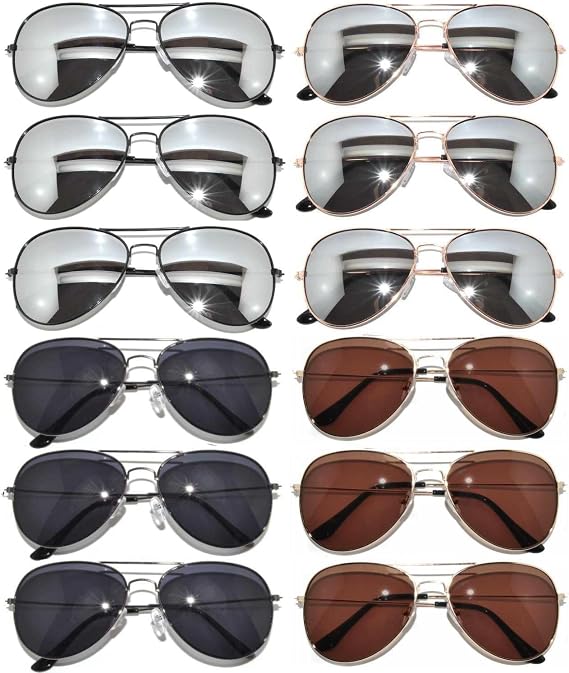 OWL 12 Pack Aviator Sunglasses Mirrored Lens, Womens Mens Wholesale Eyewear with Black, Silver, Gold Frames