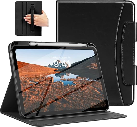 MoKo PU Leather Case for iPad A16 11th Gen 11 Inch/iPad 10th Gen, Black | Pencil Holder & Hand Strap & Pocket, Auto Wake/Sleep, Multiple Viewing Angles, Folio Stand Cover