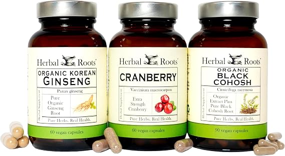 Herbal Roots Women's Peri Health Trio, Cranberry, Korean Ginseng, Organic Black Cohosh Herbal Supplements, Non-GMO