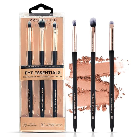 Profusion Cosmetics Eye Essentials 3 Piece Brush Set - Multi-Tasking Tool for Blending, Shading and Lining, Waved Handles, Soft Synthetic Bristles, Vegan & Cruelty-Free Makeup
