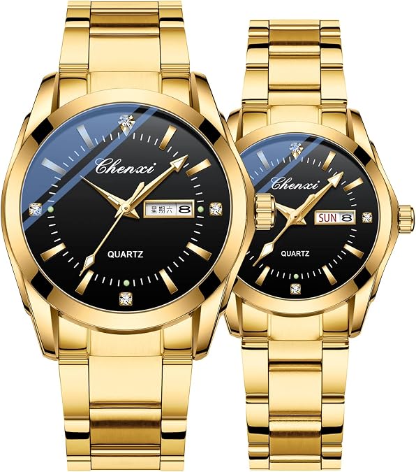 Couple Watches Business Dress Watch Golden Watch Men and Women Romantic Couple Pair Quartz Watches Valentines Couple Matching Watch Stainless Steel Calendar Date luminous Waterproof His and Her Watches for Couples Lovers Wedding