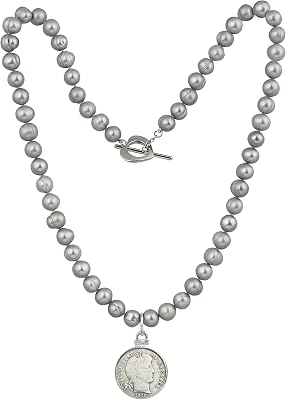 Barber Dime Coin Pendant | Grey Pearl Necklace | Heart Toggle Closure