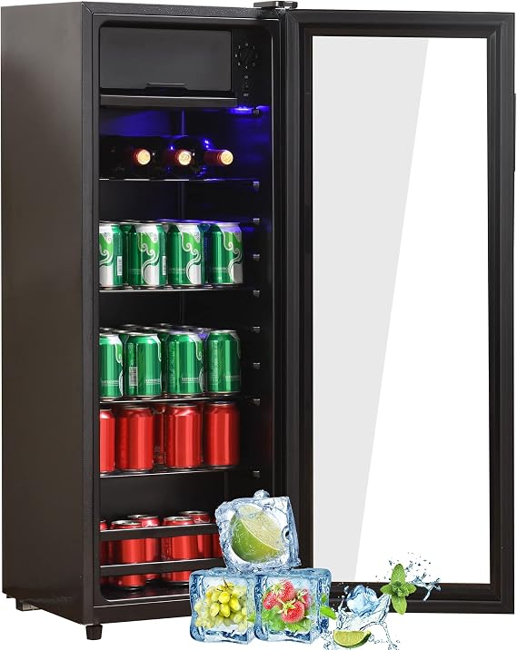 Anwick Beverage Refrigerator Cooler, 128L Mini Beverage Fridge, 94 Cans Free Standing with Right Hinge Glass Door, 8L freezer+120L Refrigerator, Mini Fridge Beverage Organizer Perfect